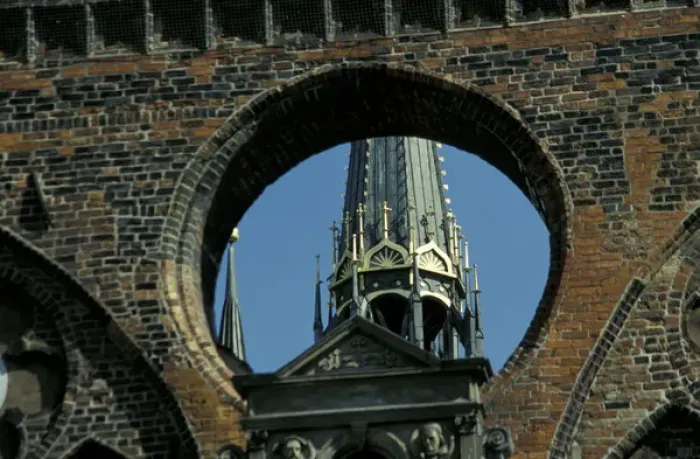 Framed Print : Europe, Germany, Lubeck. St. Marien Church bell tower viewed through windholes Framed Print : Europe, Germany, Lubeck. St. Marien Church bell tower viewed through windholes