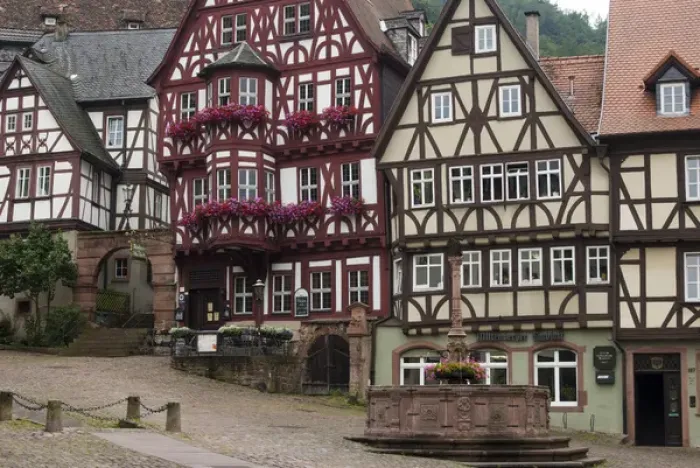 Framed Print : Europe, Germany, Miltenberg, half-timbered buildings, fountain Framed Print : Europe, Germany, Miltenberg, half-timbered buildings, fountain