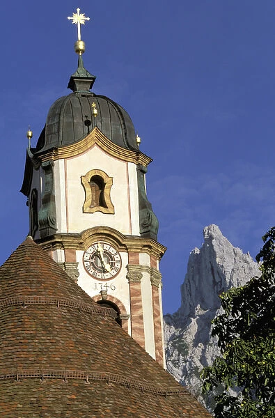 Europe, Germany, Mittenwald. Steeple on the Pfarrkirche of Saint Peter