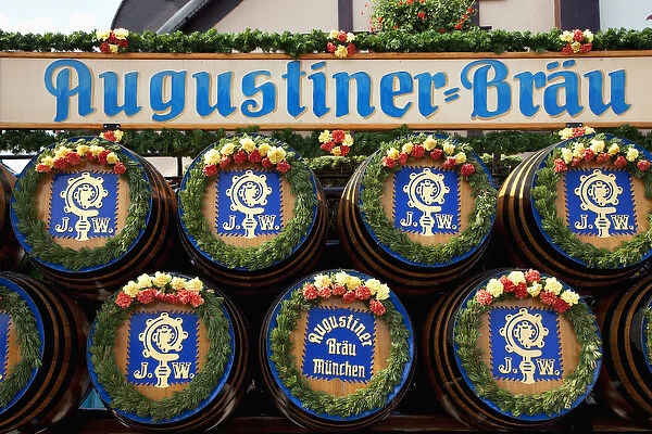 Europe, Germany, Munich. Decorated barrels of beer at Oktoberfest celebration. Credit as