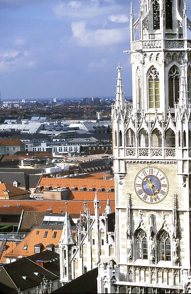 Europe, Germany, Munich. View of Glockenspiel from Saint Peters Church