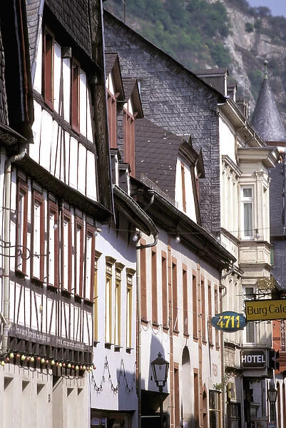 Europe, Germany, Rhineland, Pfaltz, Bacharach. Half timbered buildings in town center