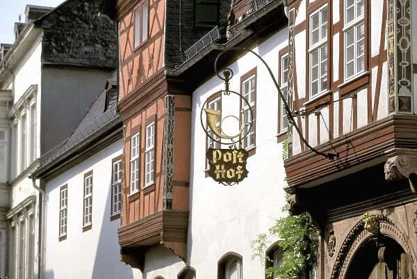 Europe, Germany, Rhineland, Pfalz, Bacharach. Ornate signage