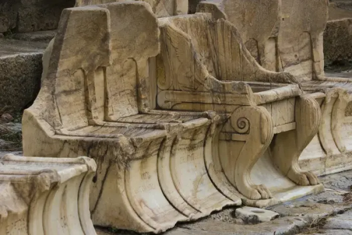 Framed Print : Europe, Greece, Athens, Acropolis. Stone seats in the ancient Theater of Dionysos