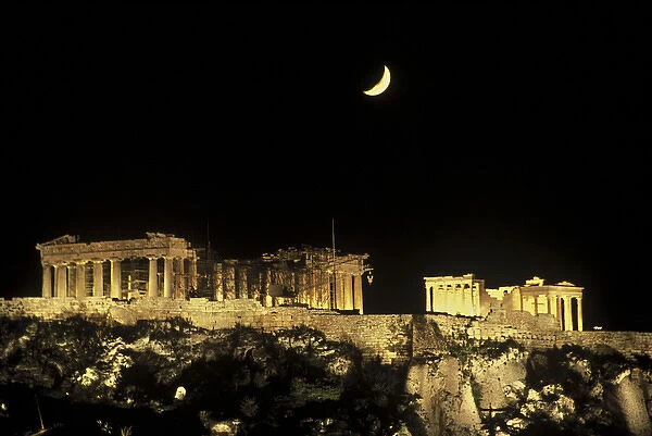 Europe, Greece, Athens, Acropolis. Moonrise over the Parthenon