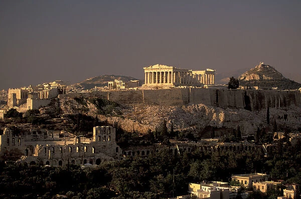 Europe, Greece, Athens The Acropolis; Parthenon from Filopapou Hill, dusk