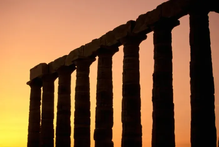 Framed Print : Europe, Greece, Attica, Cape Sounion. Temple of Poseidon columns at sunset