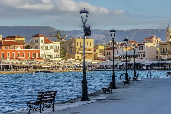 Framed Print : Europe, Greece, Crete, Chania, old town. View of the Venetian port, or harbor, surrounded by cafes and streetlights Framed Print : Europe, Greece, Crete, Chania, old town. View of the Venetian port, or harbor, surrounded by cafes and streetlights
