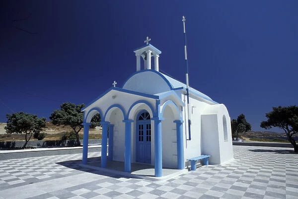 Europe, Greece, Cyclades Islands, Milos. White and blue Agios Nicoolaos church in