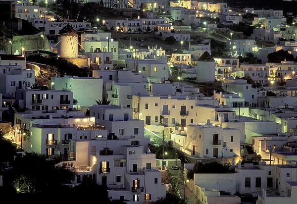 Europe, Greece, Cyclades Islands, Mykonos. Hilltop buildings at night