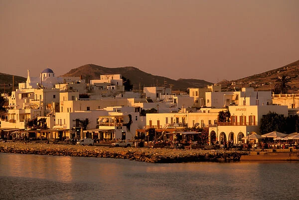Europe, Greece, Cyclades Islands, Paros, Paros town. Dusk view of harbor front