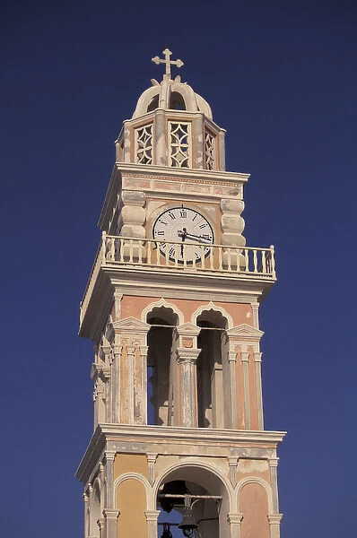 Europe, Greece, Cyclades Islands, Santorini, Thira. Ornate bell tower, Catholic church