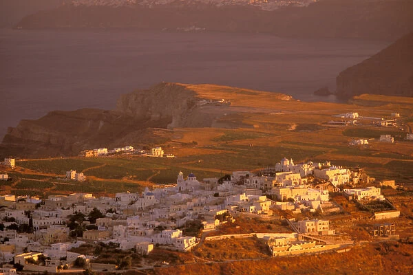 Europe, Greece, Cyclades Islands, Santorini. View of Pyrgos at dawn
