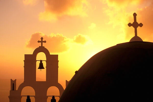 Europe, Greece, Cyclades Islands, Santorini, Thira. Kimisis Theotokov Church at sunset