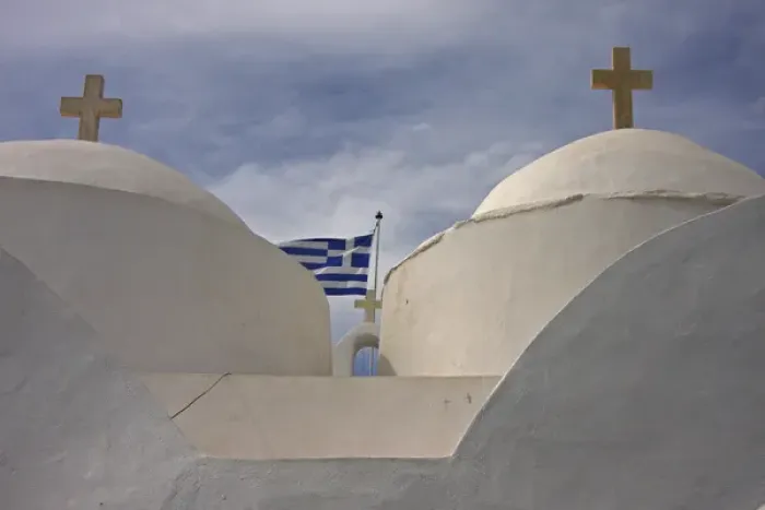 Framed Print : Europe, Greece, Cyclades, Sifnos, Vathi. Traditional Greek Orthodox church flying Greek flag Framed Print : Europe, Greece, Cyclades, Sifnos, Vathi. Traditional Greek Orthodox church flying Greek flag