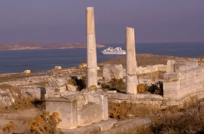 Framed Print : Europe, Greece, Delos. Temple ruins and cruise ship Framed Print : Europe, Greece, Delos. Temple ruins and cruise ship