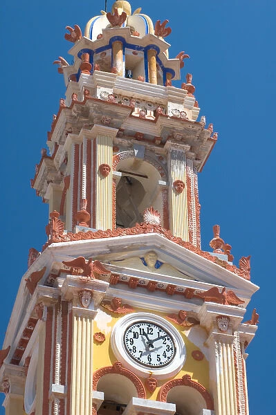 Europe, Greece, Dodecanese Islands, Halki: the ornate bell tower at Panormitis Monasatery