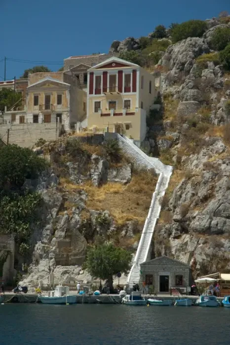 Framed Print : Europe, Greece, Dodecanese Islands, Halki: stairs leading up the classical mansion