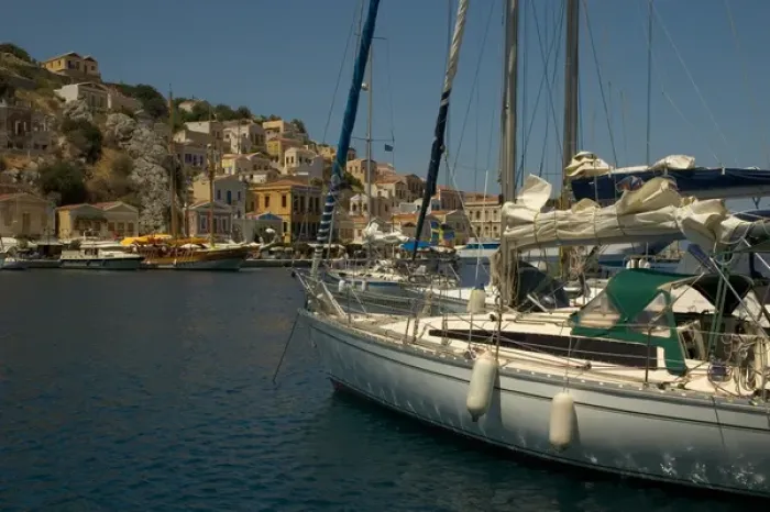 Framed Print : Europe, Greece, Dodecanese Islands, Halki: yachts in the port of Emborios Framed Print : Europe, Greece, Dodecanese Islands, Halki: yachts in the port of Emborios