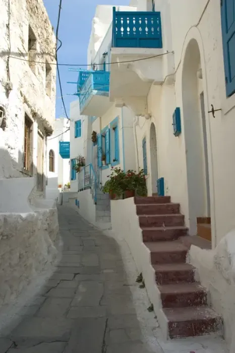 Framed Print : Europe, Greece, Dodecanese Islands, Nisyros: narrow streets of Mandraki with coloured Framed Print : Europe, Greece, Dodecanese Islands, Nisyros: narrow streets of Mandraki with coloured