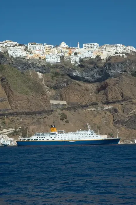 Framed Print : Europe, Greece, Dodecanese, Santorini: view of Fira on the clifftops with cruise