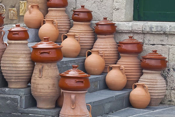 Europe, Greece, Greek Island, Crete, Pottery for sale along the old Harbor Chania