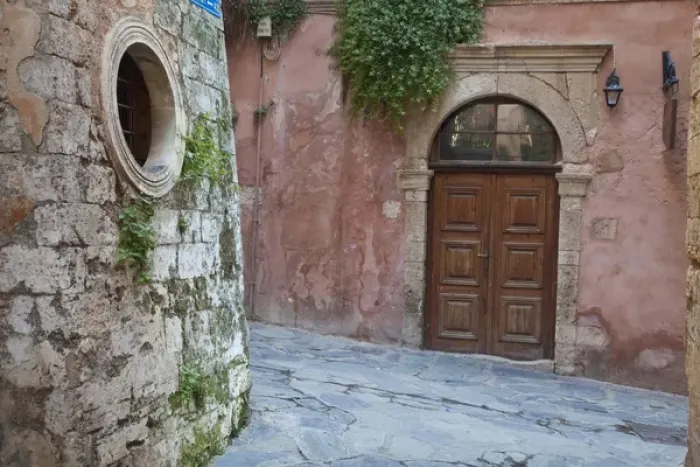 Framed Print : Europe, Greece, Greek Island, Crete, Chania old town, with doorways and small alley ways