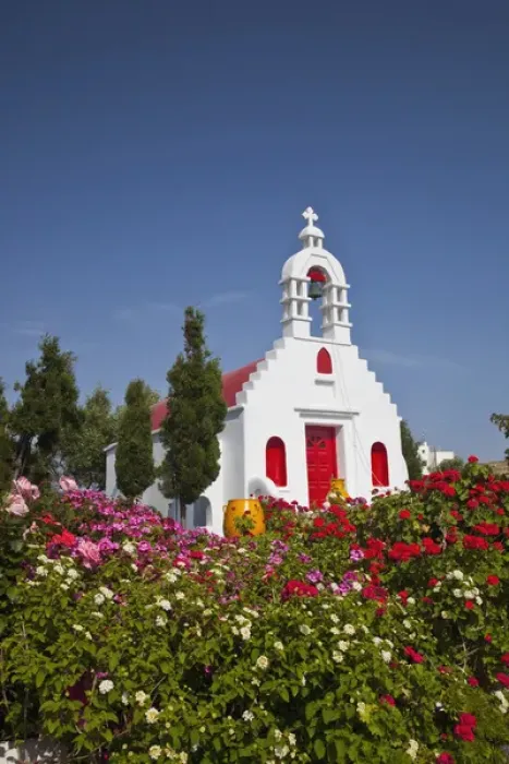 Framed Print : Europe, Greece, Greek Island, Mykonos, Chapel with red door and colorful plantings Framed Print : Europe, Greece, Greek Island, Mykonos, Chapel with red door and colorful plantings