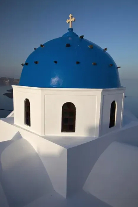 Framed Print : Europe, Greece, Greek Island, Santorini, Blue Domed Church at the high point of Santorini