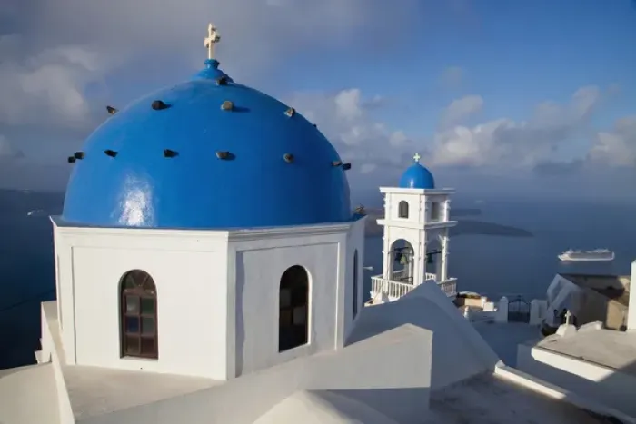 Framed Print : Europe, Greece, Greek Island, Santorini, Blue Domed Church at the high point of Santorini Framed Print : Europe, Greece, Greek Island, Santorini, Blue Domed Church at the high point of Santorini