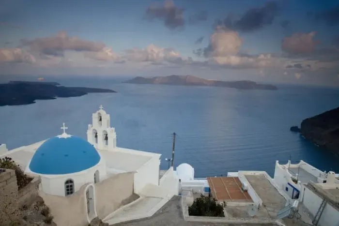 Framed Print : Europe, Greece, Greek Island, Santorini, Blue Domes, Church, Bell Tower in villiage