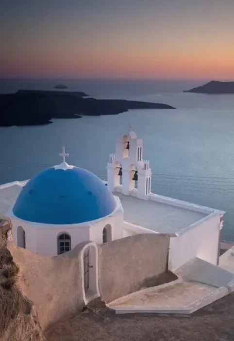 Framed Print : Europe, Greece, Greek Island, Santorini, Blue Domes, Church, Bell Tower in villiage Framed Print : Europe, Greece, Greek Island, Santorini, Blue Domes, Church, Bell Tower in villiage