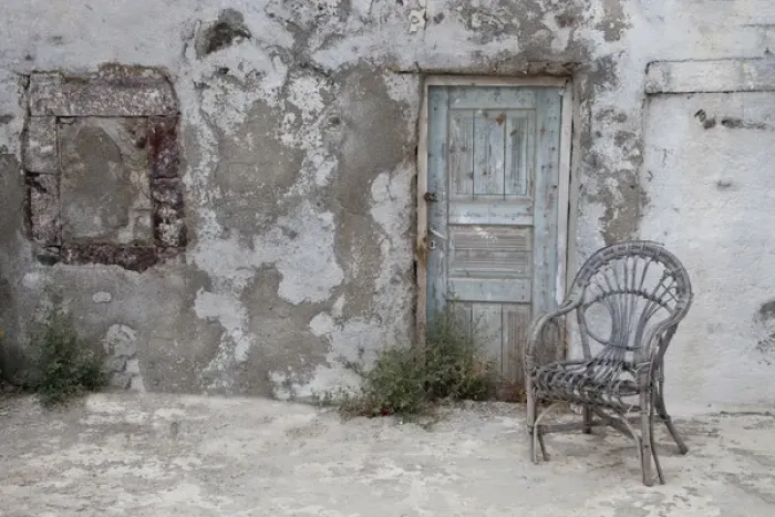 Framed Print : Europe, Greece, Greek Island, Santorini, Old Building chair and doorway in town of Oia Framed Print : Europe, Greece, Greek Island, Santorini, Old Building chair and doorway in town of Oia