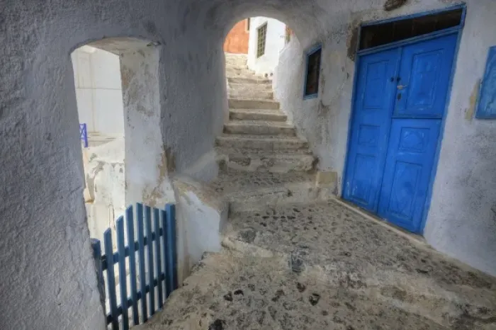 Framed Print : Europe, Greece, Greek Island, Santorini, Oia with a small alleyway and archway with Framed Print : Europe, Greece, Greek Island, Santorini, Oia with a small alleyway and archway with