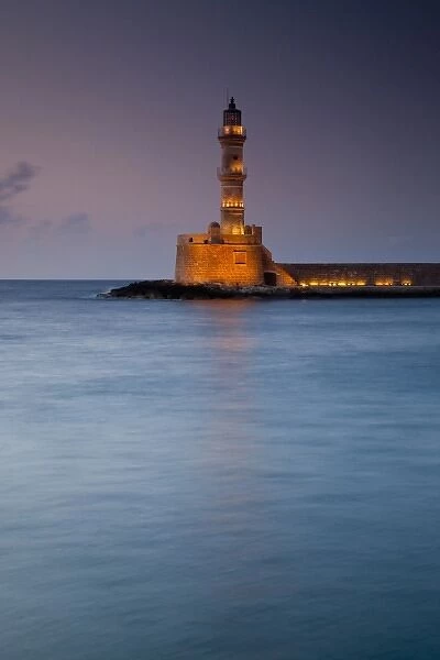 Europe, Greece, Greek Isles, Crete, Chania, Old Harbor, Venitian Lighthouse, Dusk