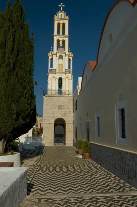 Framed Print : Europe, Greece, Halki, Emborios: pebbled hohlaki courtyard in Emborios church