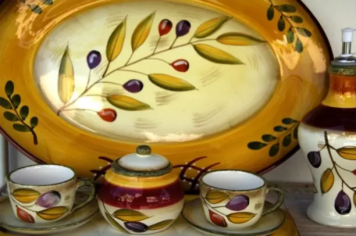 Framed Print : Europe, Greece, Katakolon. Typical souvenir dishes with olive decoration Framed Print : Europe, Greece, Katakolon. Typical souvenir dishes with olive decoration