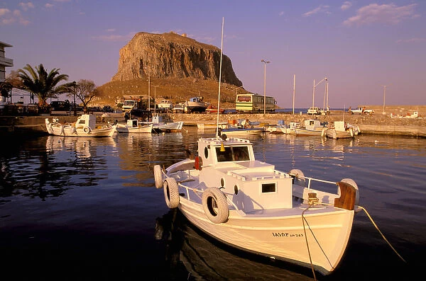 Europe, Greece, Lakonia, Monemvasia. Harbor view and the Gibraltar of Greece