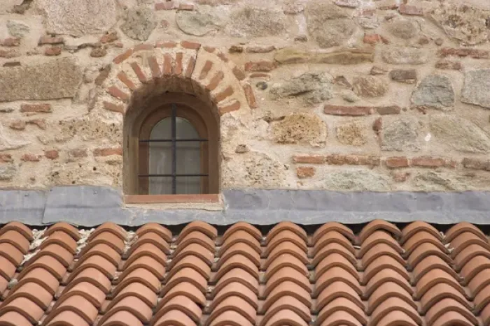 Framed Print : Europe, Greece, Meteora. Tile roof and small window in Grand Meteora Monastery. Credit as