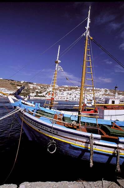 Europe, Greece, Mykonos. Boat in natural harbor