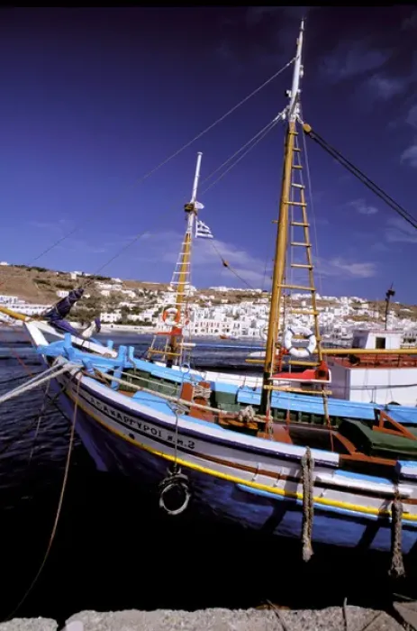 Framed Print : Europe, Greece, Mykonos. Boat in natural harbor