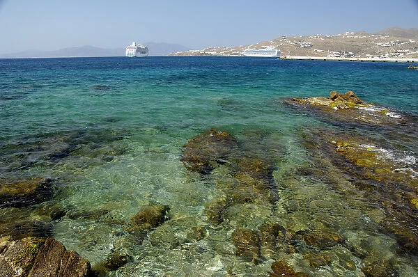 Europe, Greece, Mykonos. Cruise ship anchored off of Mykonos