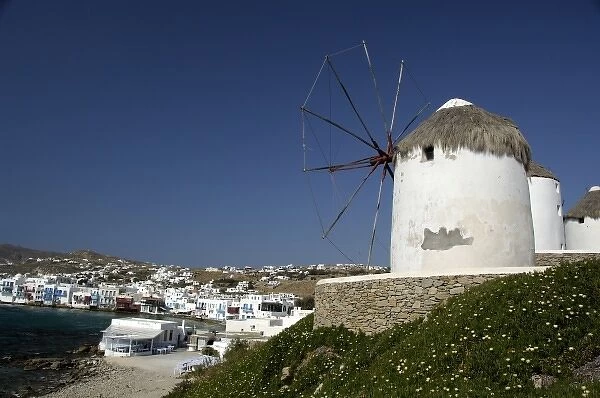 Europe, Greece, Mykonos. Historic whitewashed windmill