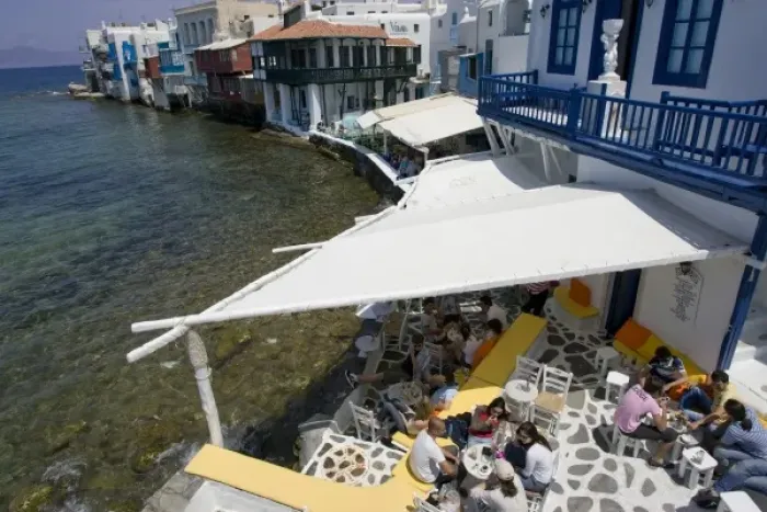 Framed Print : Europe, Greece, Mykonos, Hora. People socialize in cafes in Little Venice portion of city Framed Print : Europe, Greece, Mykonos, Hora. People socialize in cafes in Little Venice portion of city
