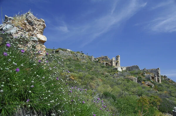 Europe, Greece, Peloponnese, Monemvasia (single entrance). Mountain top view of medieval