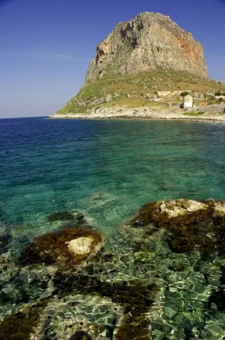 Framed Print : Europe, Greece, Peloponnese, Monemvasia. The Rock of Monemvasia set against the clear Aegean Sea Framed Print : Europe, Greece, Peloponnese, Monemvasia. The Rock of Monemvasia set against the clear Aegean Sea