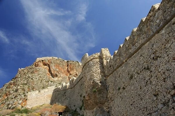 Europe, Greece, Peloponnese, Monemvasia (single entrance). Ancient city walls. Medieval