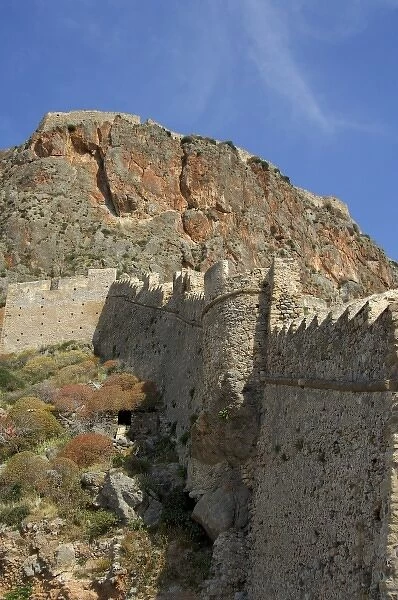 Europe, Greece, Peloponnese, Monemvasia (single entrance). Ancient city walls. Medieval