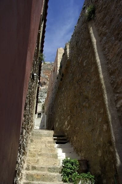 Europe, Greece, Peloponnese, Monemvasia (single entrance). Typical narrow alley