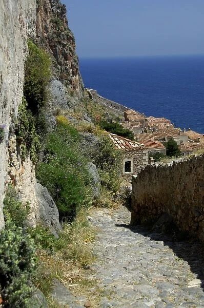 Europe, Greece, Peloponnese, Monemvasia (single entrance). Medieval stone path to